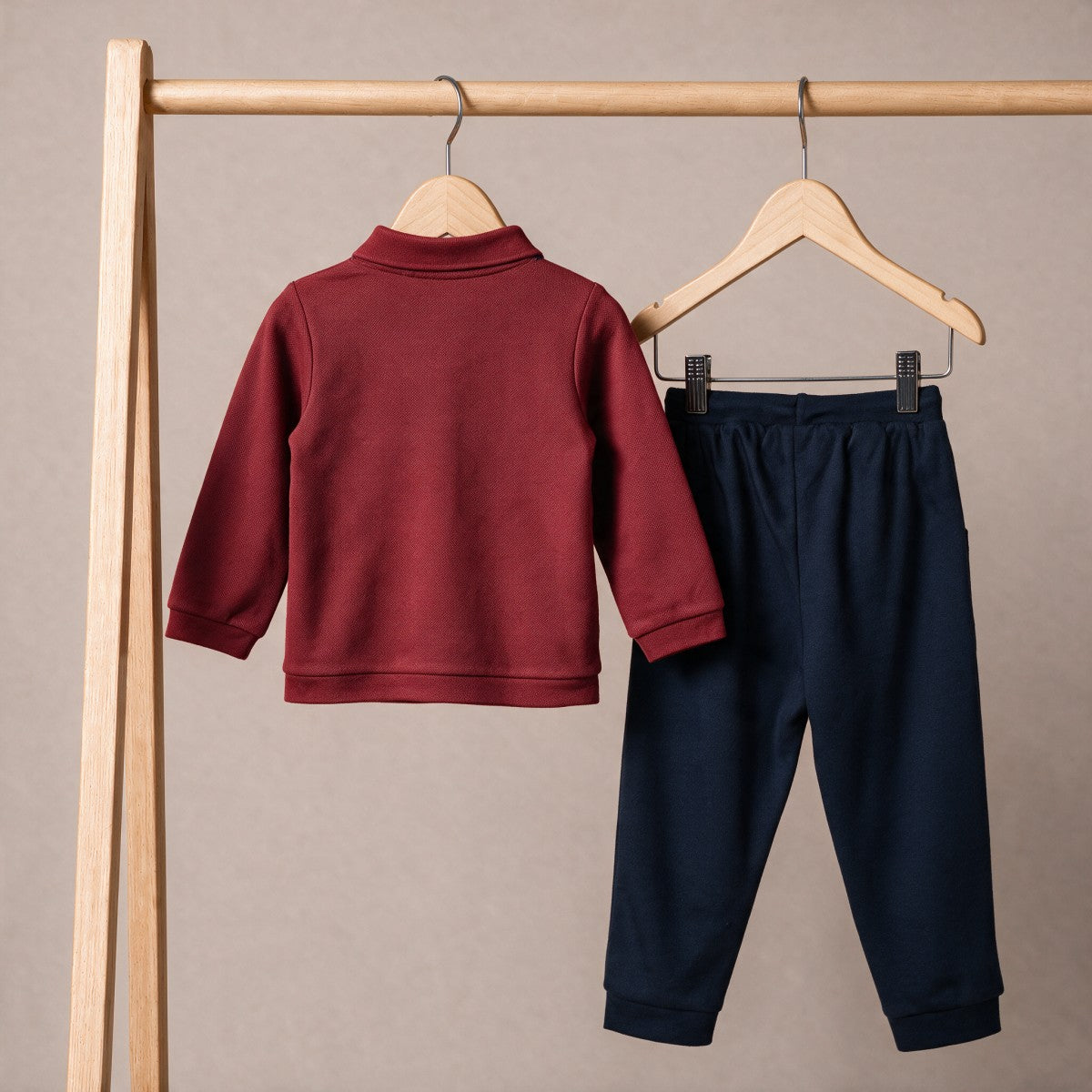 Baby Boys Maroon And Navy Blue Cotton Embroidered Polo T-Shirt And Bottom Set Regular Fit Casual