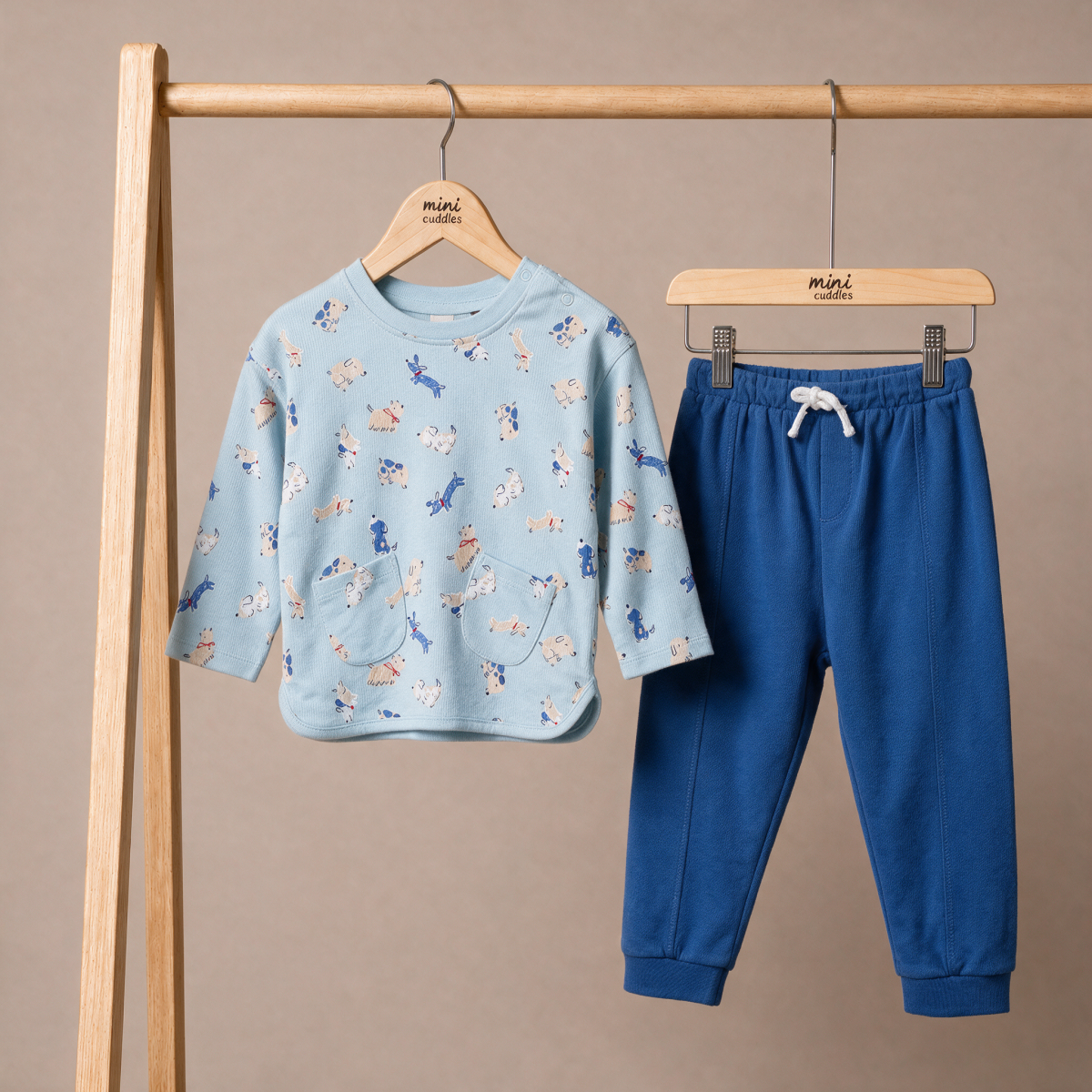 Baby Boys Light Blue And Blue Cotton Dog Printed Full Sleeve Top And Bottom Set Regular Fit Casual Wear
