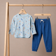 Baby Boys Light Blue And Blue Cotton Dog Printed Full Sleeve Top And Bottom Set Regular Fit Casual Wear