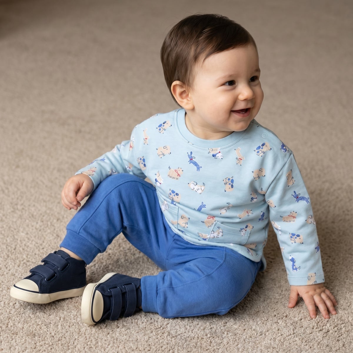 Baby Boys Light Blue And Blue Cotton Dog Printed Full Sleeve Top And Bottom Set Regular Fit Casual Wear
