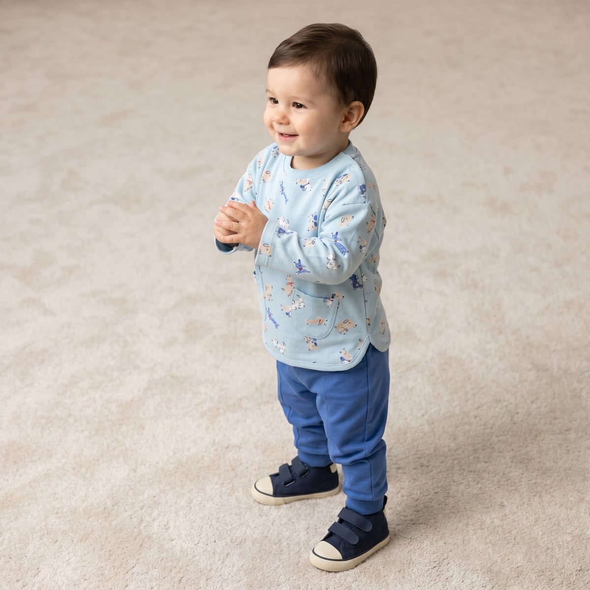 Baby Boys Light Blue And Blue Cotton Dog Printed Full Sleeve Top And Bottom Set Regular Fit Casual Wear
