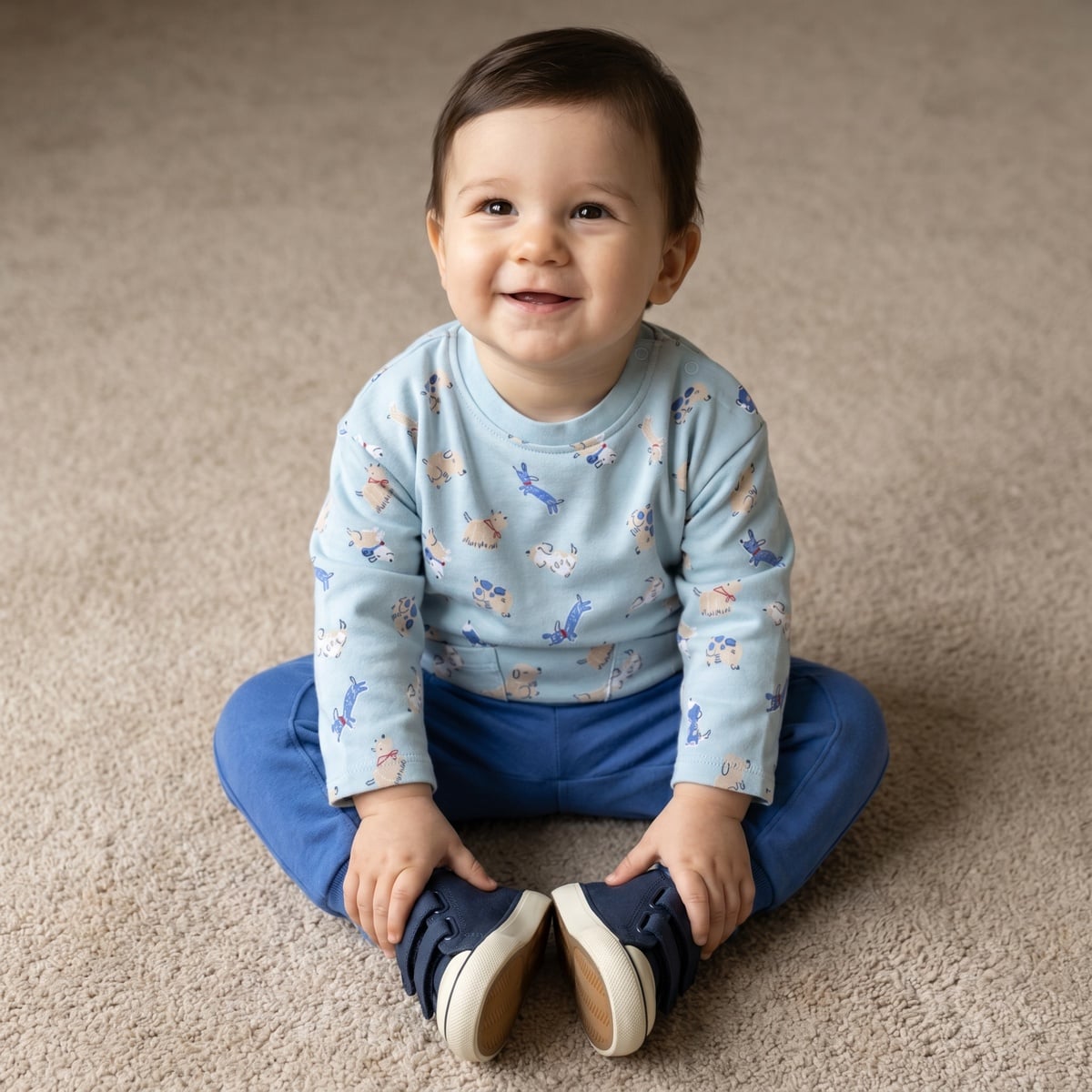 Baby Boys Light Blue And Blue Cotton Dog Printed Full Sleeve Top And Bottom Set Regular Fit Casual Wear