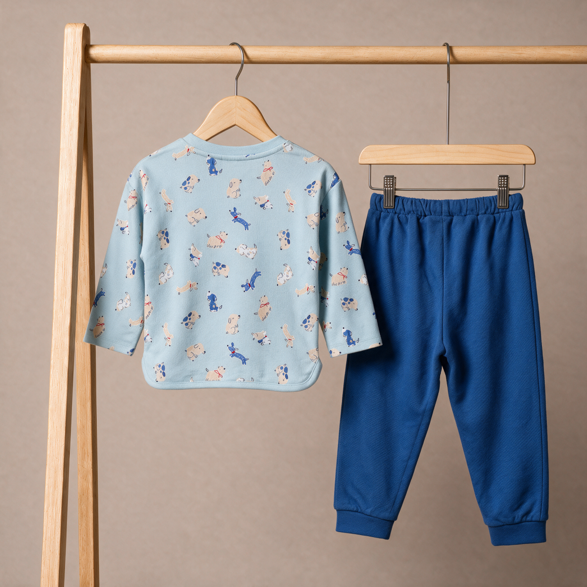 Baby Boys Light Blue And Blue Cotton Dog Printed Full Sleeve Top And Bottom Set Regular Fit Casual Wear