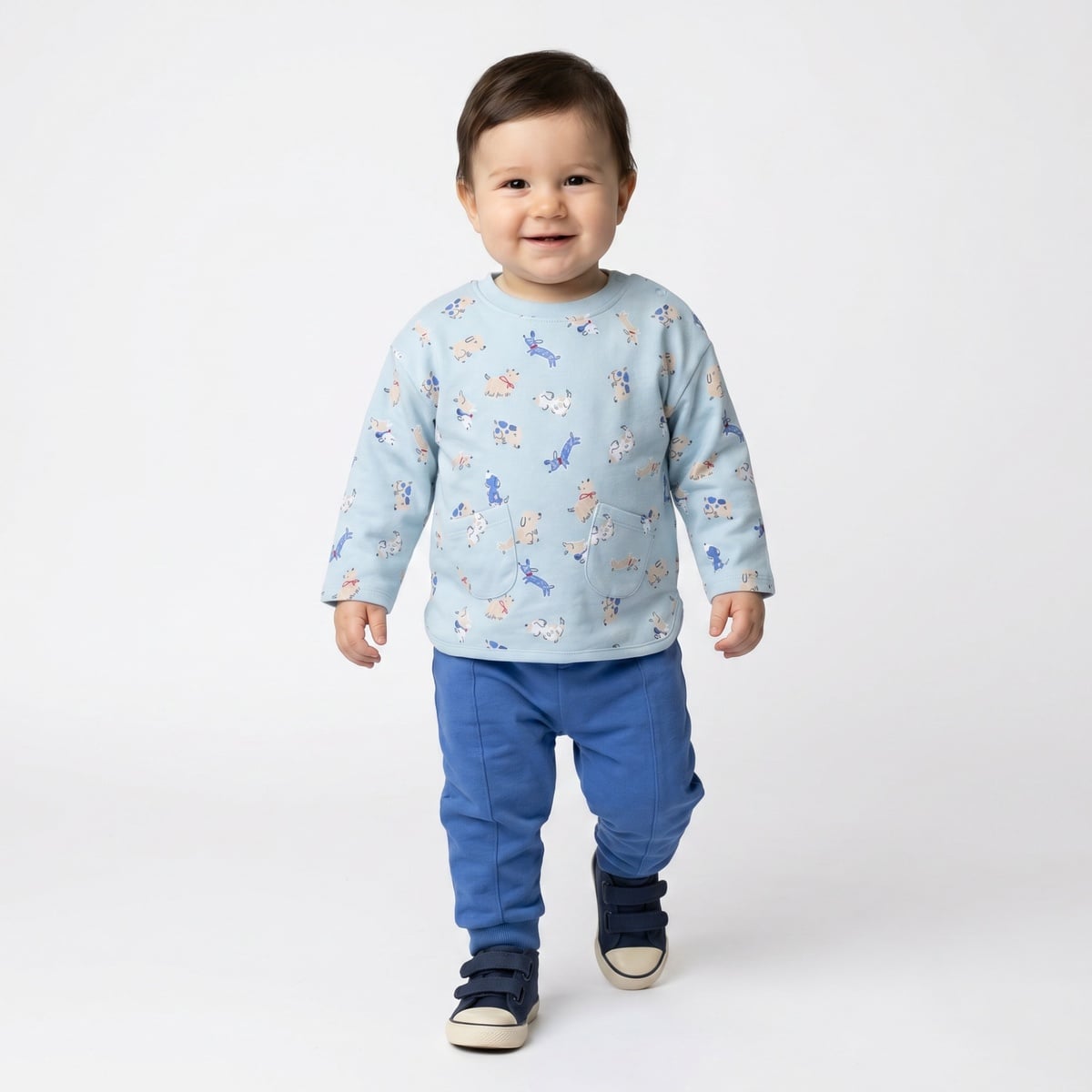 Baby Boys Light Blue And Blue Cotton Dog Printed Full Sleeve Top And Bottom Set Regular Fit Casual Wear