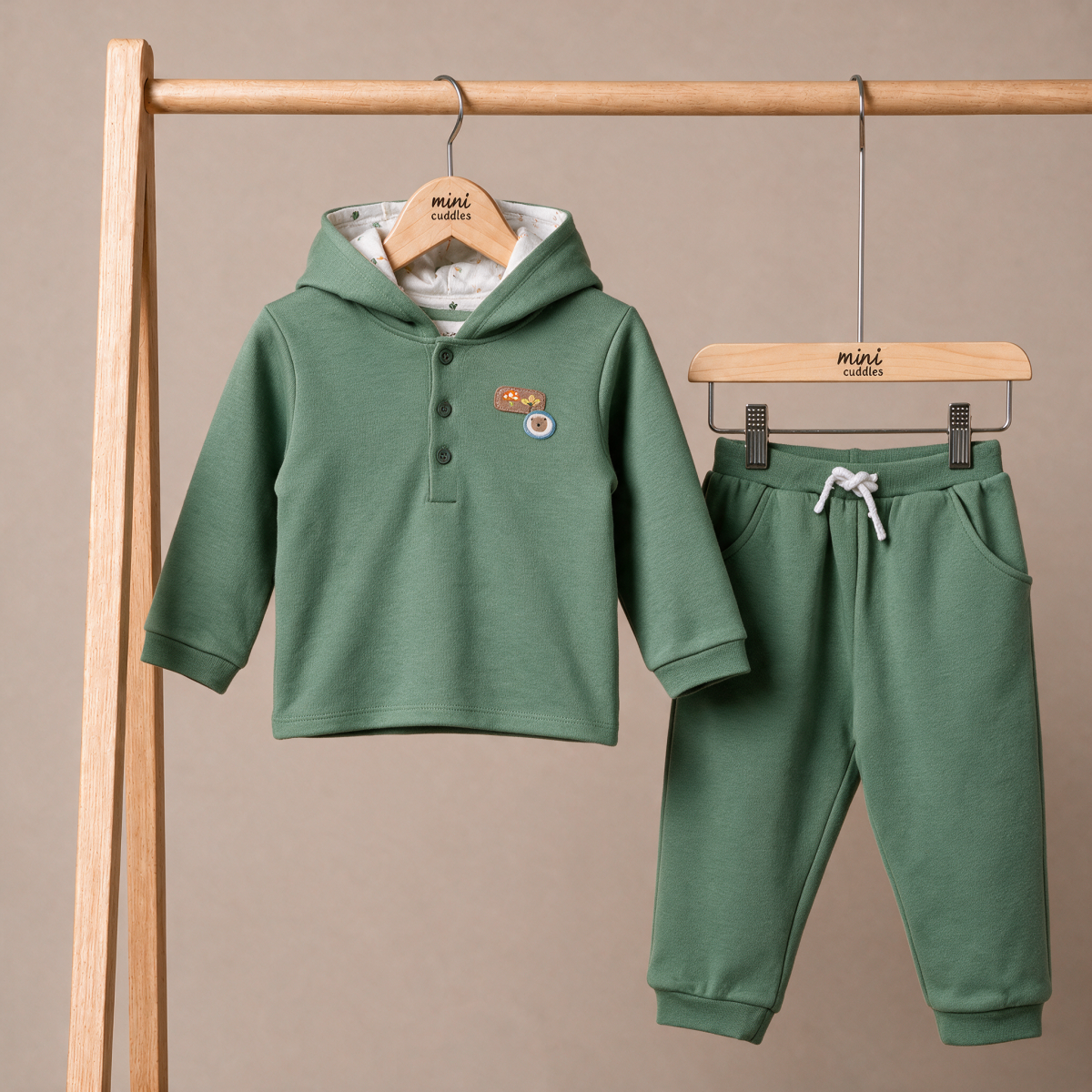 Baby Boys Sage Green Cotton Blend Bear Embroidered Hooded Full Sleeve Top And Bottom Set Regular Fit Casual Wear