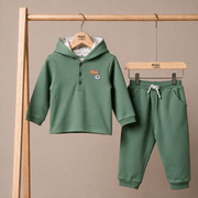 Baby Boys Sage Green Cotton Blend Bear Embroidered Hooded Full Sleeve Top And Bottom Set Regular Fit Casual Wear