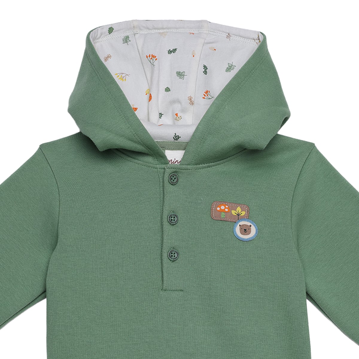 Baby Boys Sage Green Cotton Blend Bear Embroidered Hooded Full Sleeve Top And Bottom Set Regular Fit Casual Wear
