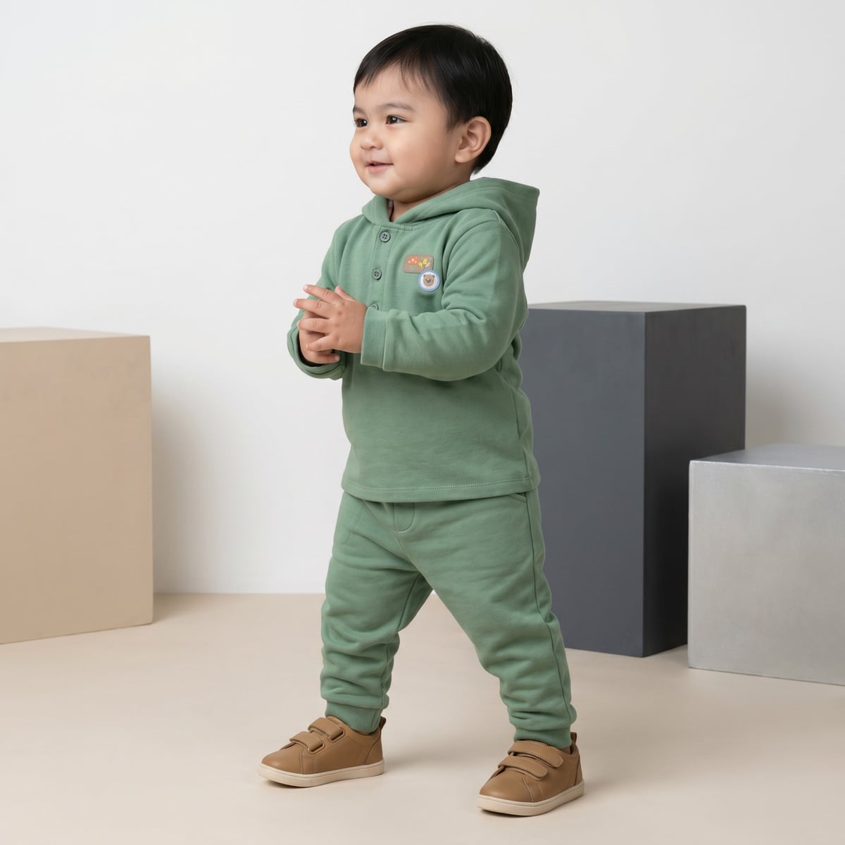 Baby Boys Sage Green Cotton Blend Bear Embroidered Hooded Full Sleeve Top And Bottom Set Regular Fit Casual Wear