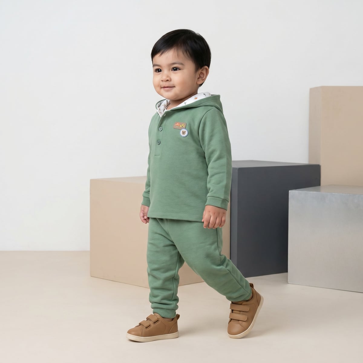 Baby Boys Sage Green Cotton Blend Bear Embroidered Hooded Full Sleeve Top And Bottom Set Regular Fit Casual Wear