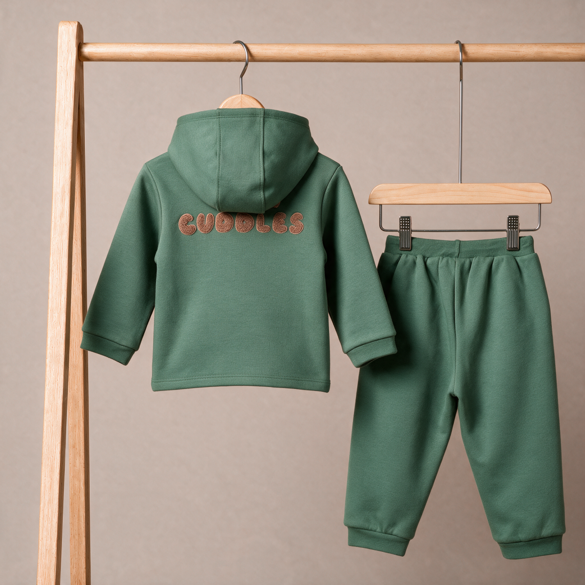 Baby Boys Sage Green Cotton Blend Bear Embroidered Hooded Full Sleeve Top And Bottom Set Regular Fit Casual Wear