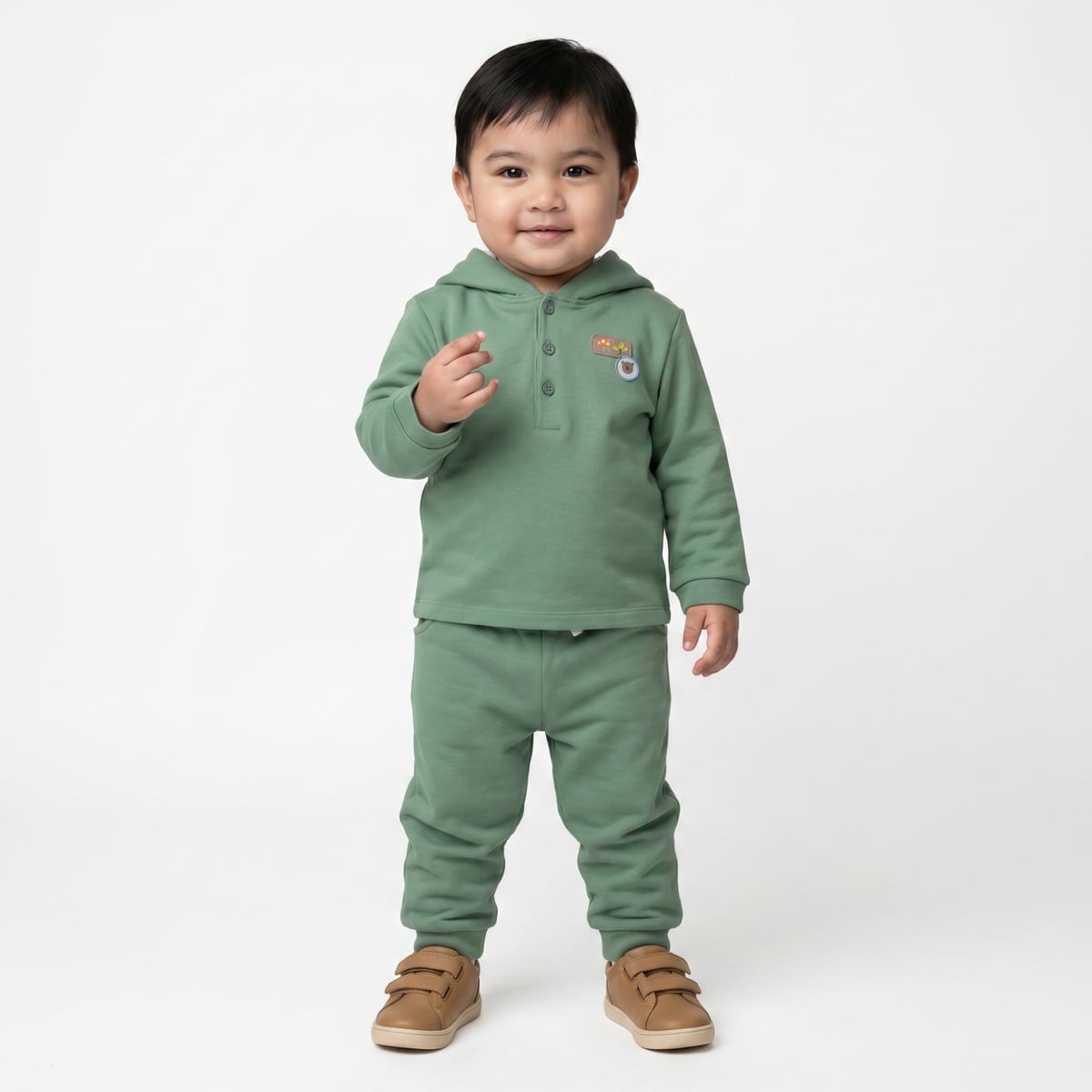 Baby Boys Sage Green Cotton Blend Bear Embroidered Hooded Full Sleeve Top And Bottom Set Regular Fit Casual Wear