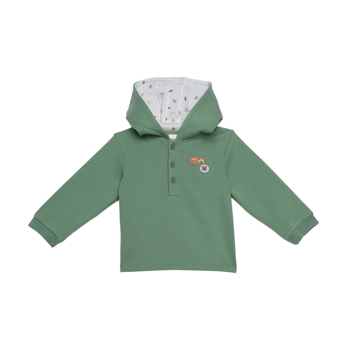 Baby Boys Sage Green Cotton Blend Bear Embroidered Hooded Full Sleeve Top And Bottom Set Regular Fit Casual Wear