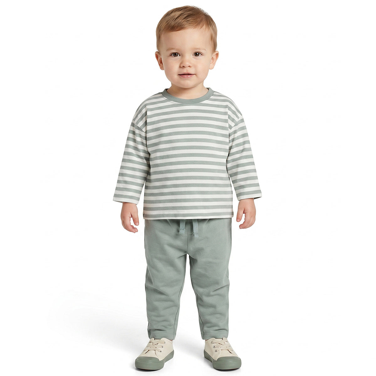 Baby Boy Sage Green Striped T-Shirt and Bottom Set