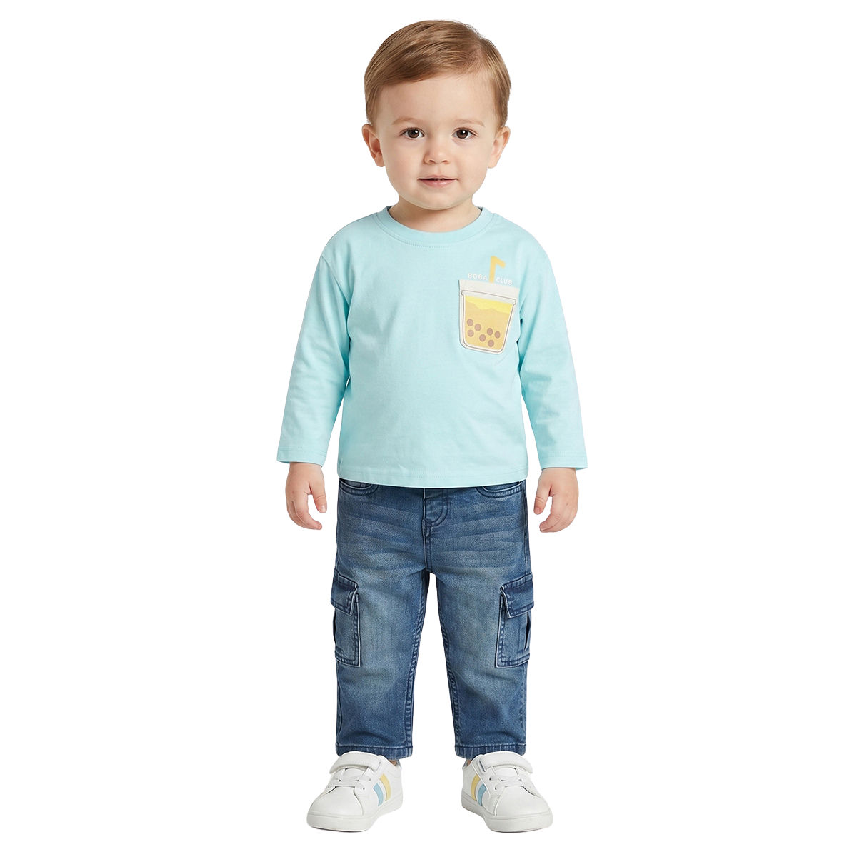 Baby Boys Aqua Blue Cotton T Shirt with Boba Pocket Applique