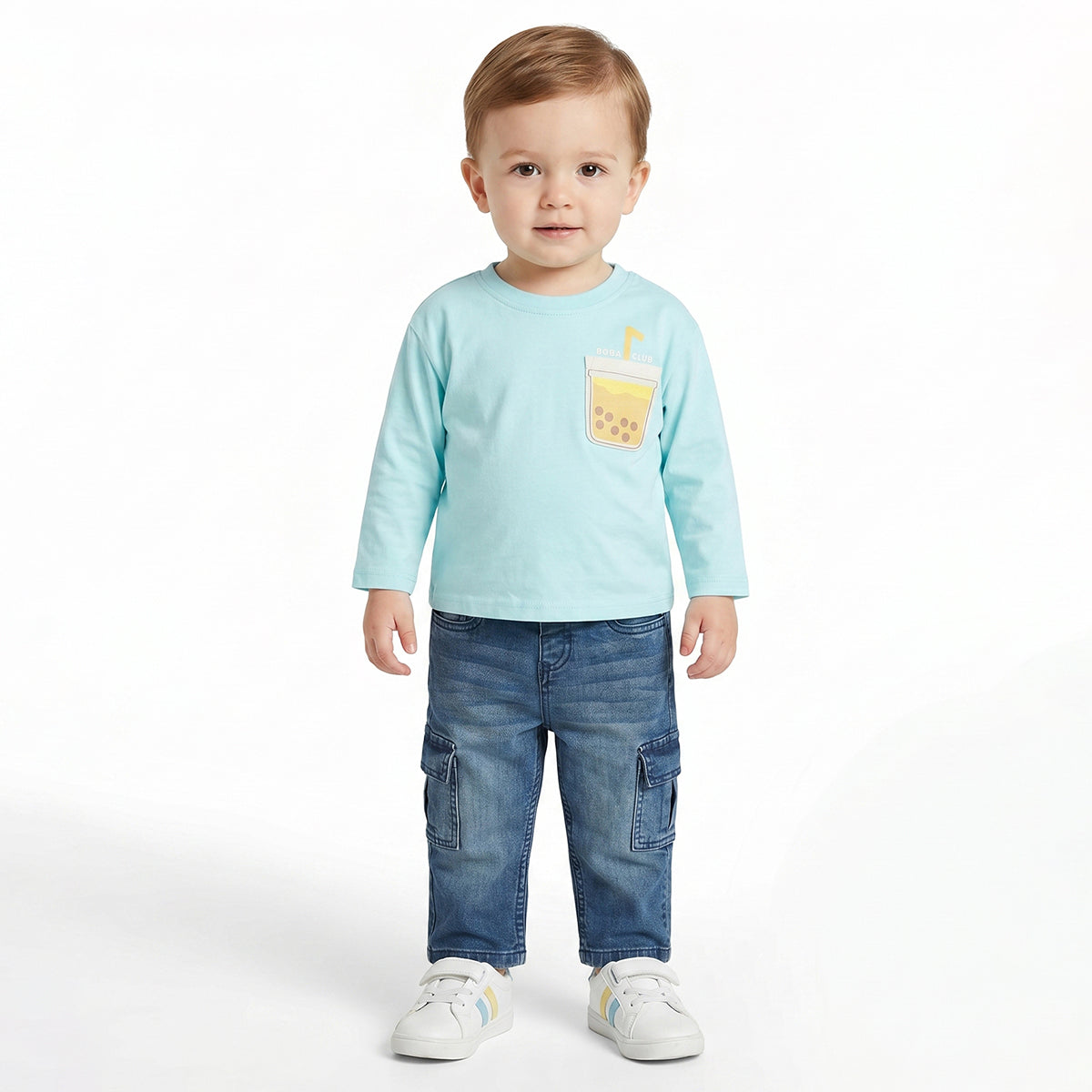 Baby Boys Aqua Blue Cotton T-Shirt with Boba Pocket Applique Casual Wear