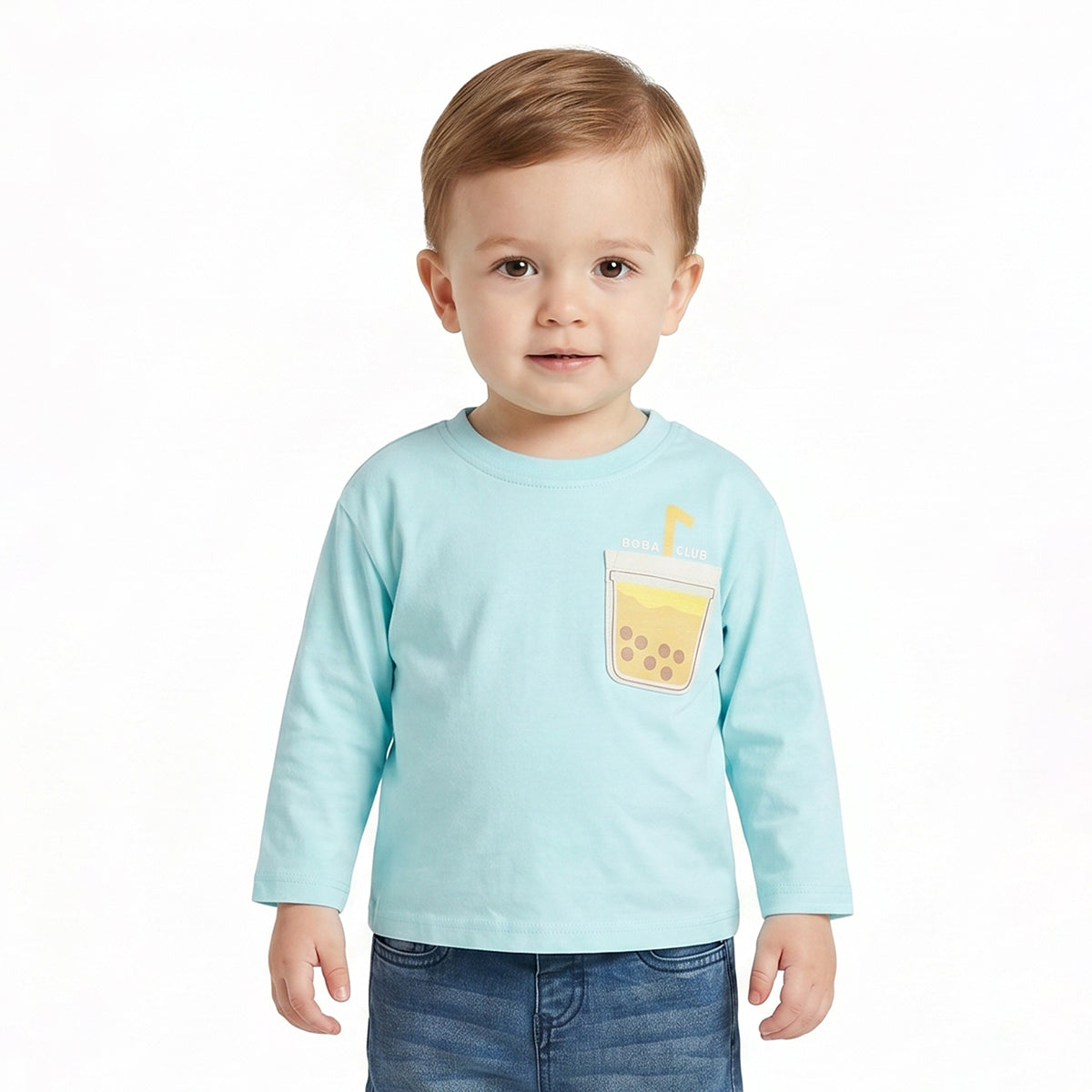 Baby Boys Aqua Blue Cotton T-Shirt with Boba Pocket Applique Casual Wear