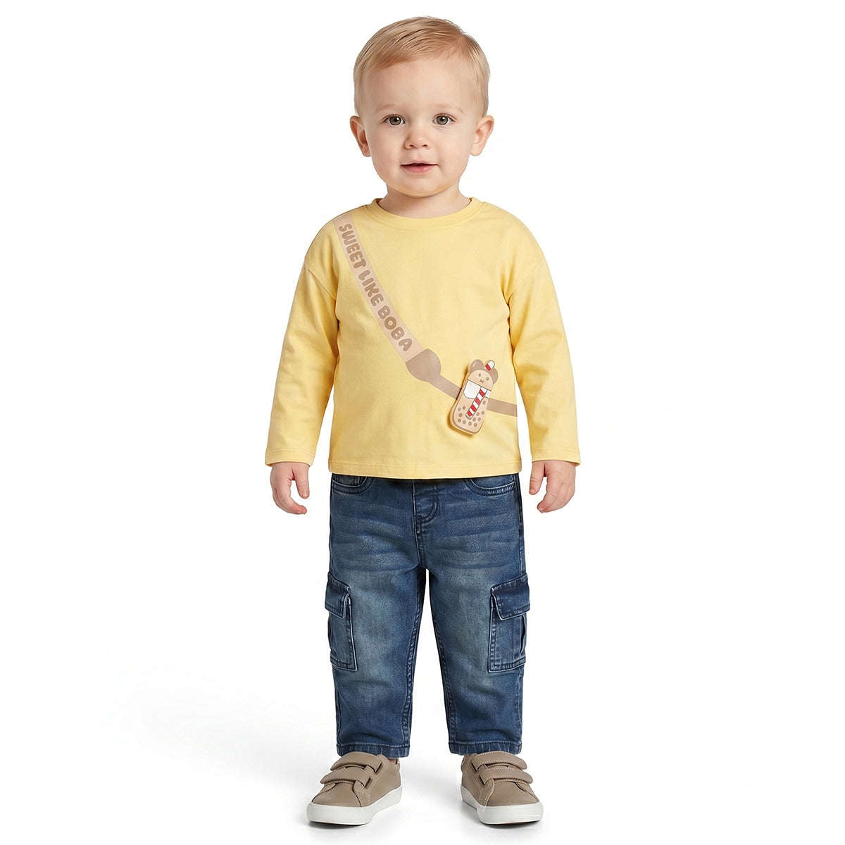 Baby Boys Yellow Cotton T-Shirt with Boba Bear Applique Casual Wear