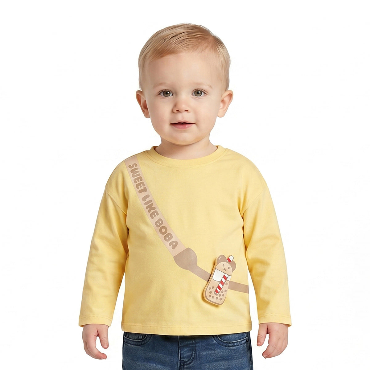 Baby Boys Yellow Cotton T-Shirt with Boba Bear Applique Casual Wear