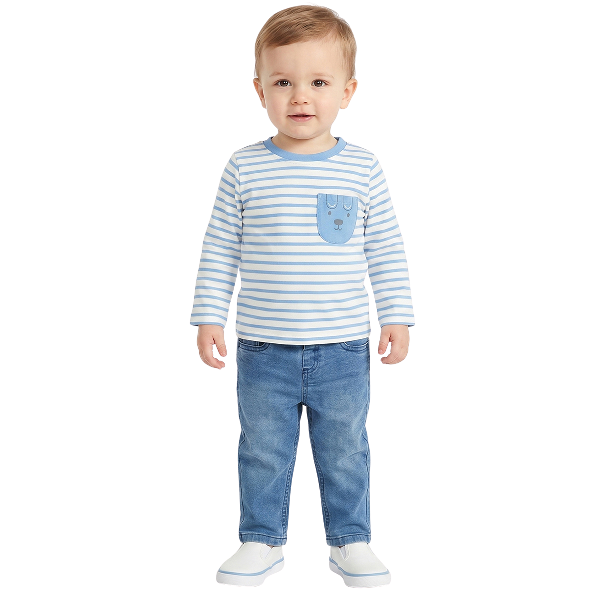 Baby Boys Blue and White Striped Cotton T Shirt with Bear Pocket