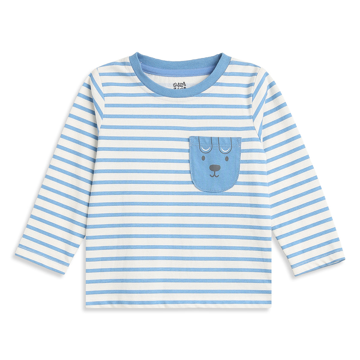 Baby Boys Blue and White Striped Cotton T-Shirt with Bear Pocket Casual Wear