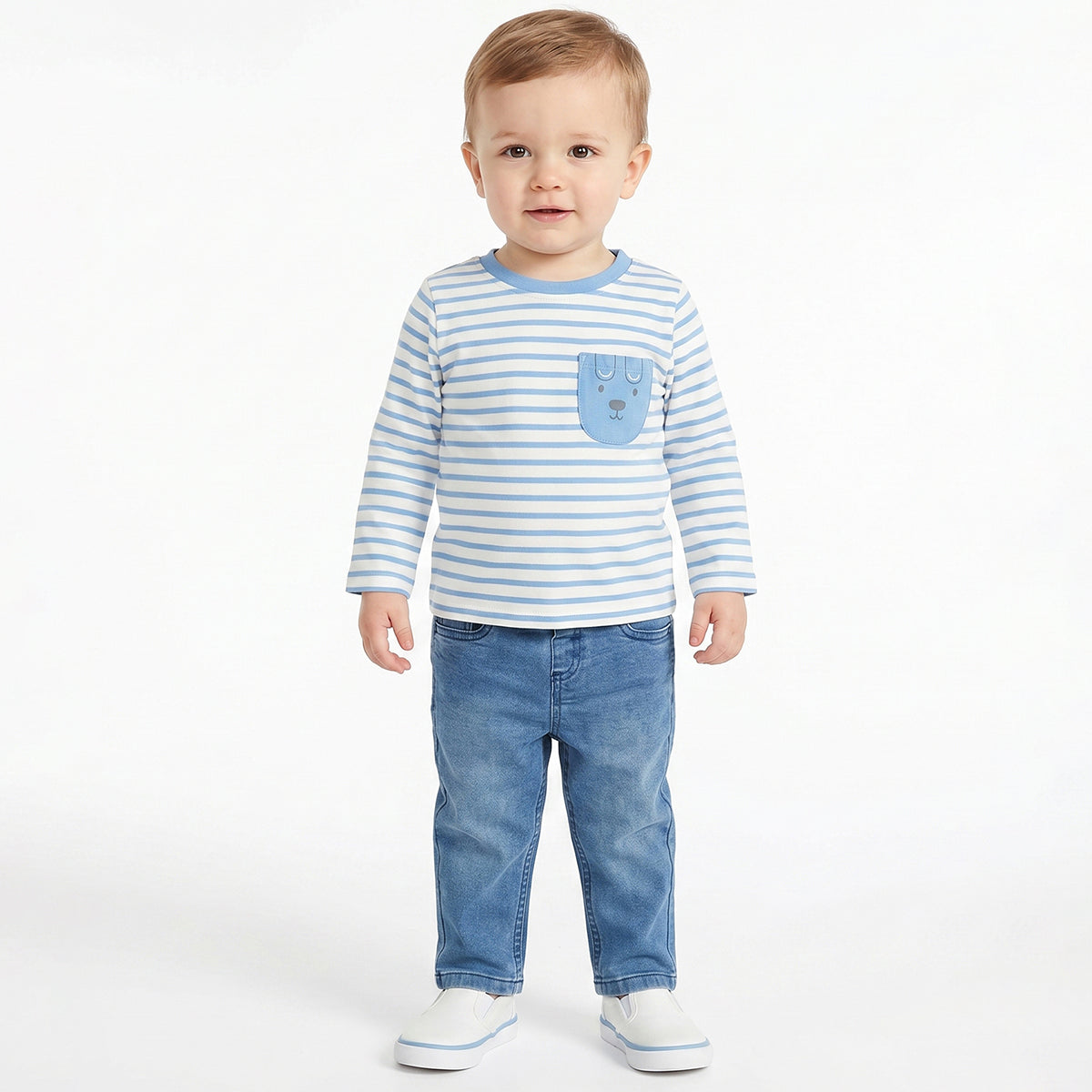 Baby Boys Blue and White Striped Cotton T-Shirt with Bear Pocket Casual Wear