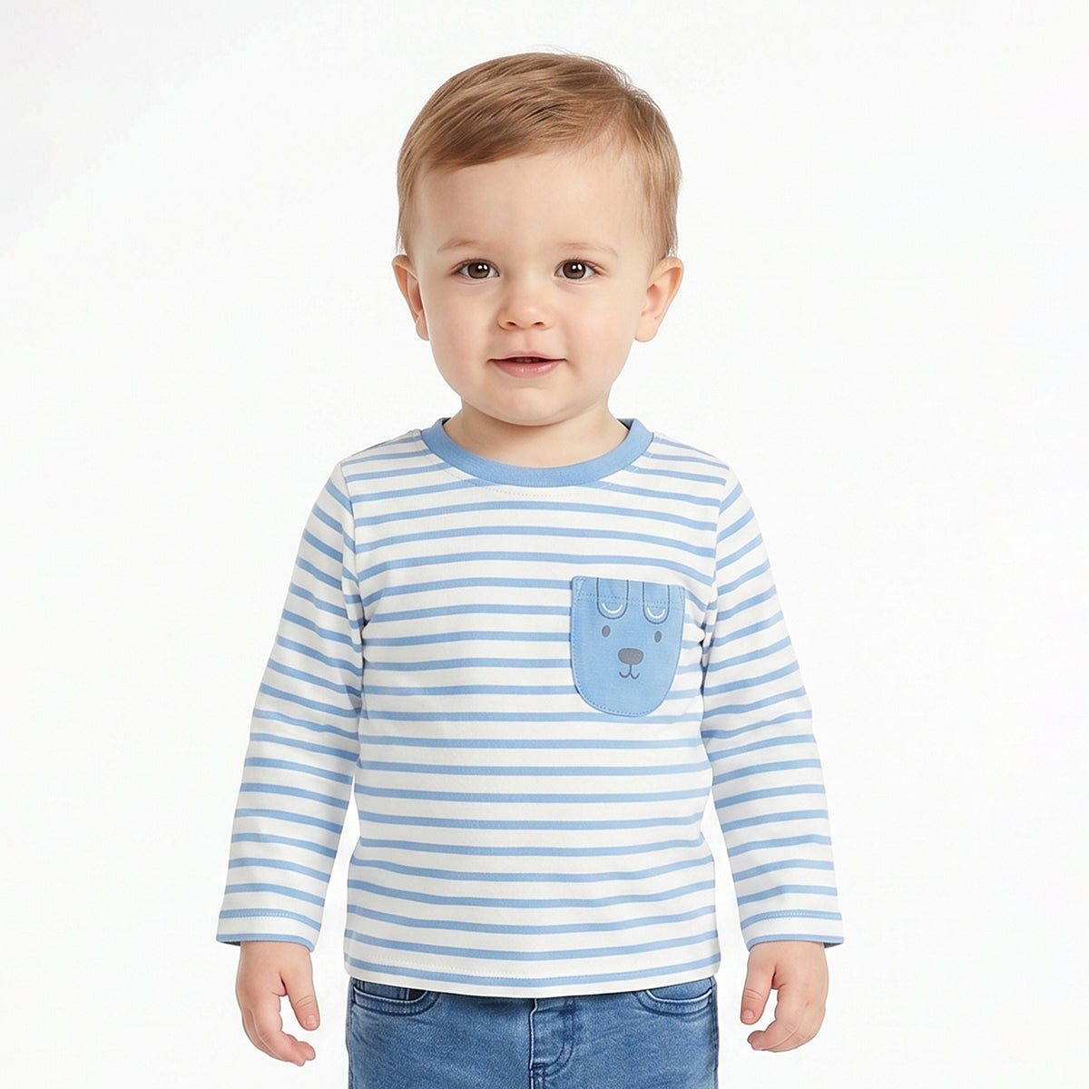 Baby Boys Blue and White Striped Cotton T-Shirt with Bear Pocket Casual Wear