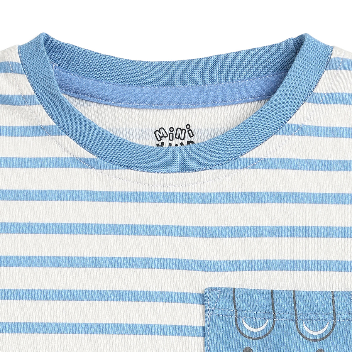 Baby Boys Blue and White Striped Cotton T-Shirt with Bear Pocket Casual Wear