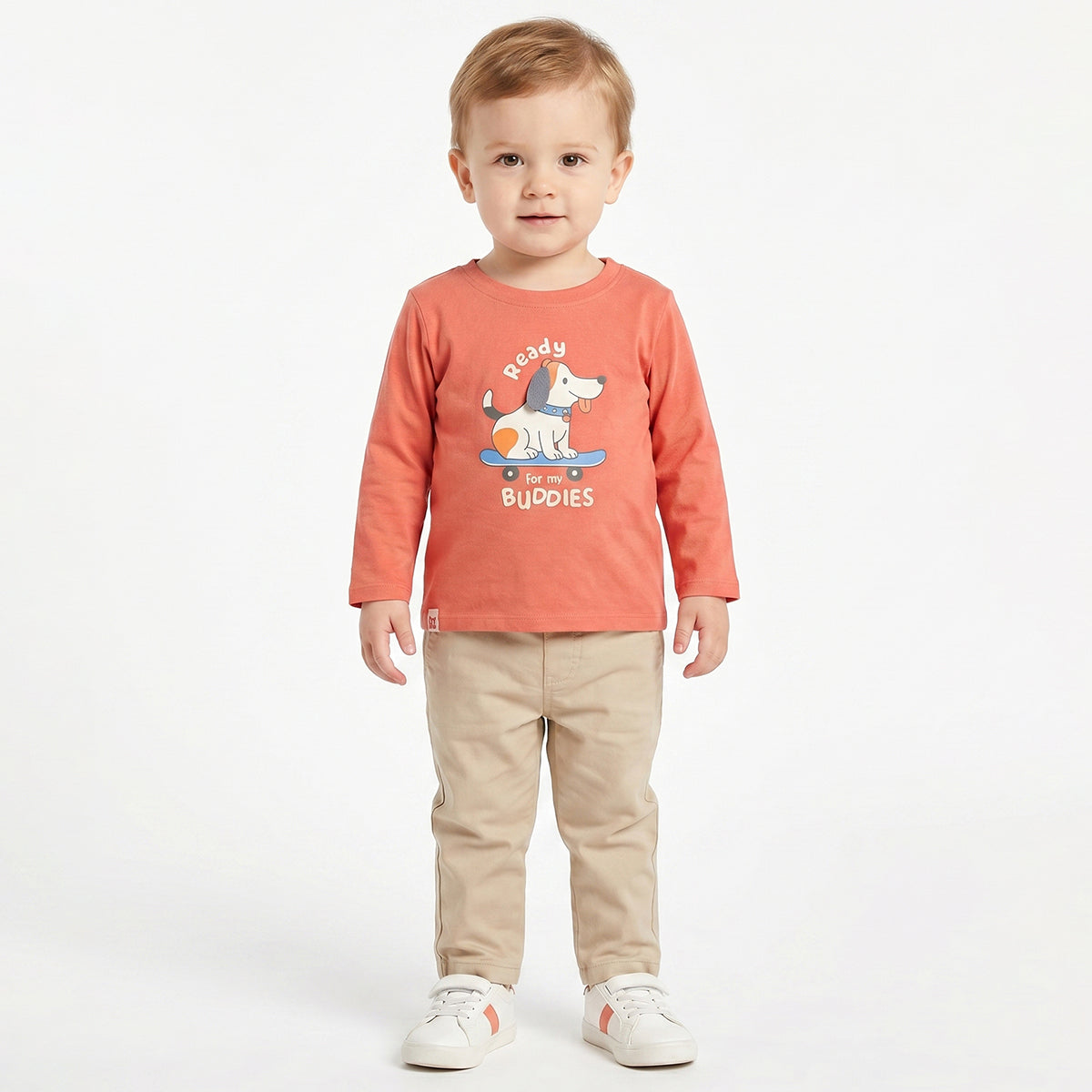 Baby Boys Coral Pink Cotton T-Shirt with Dog Graphic Print Casual Wear
