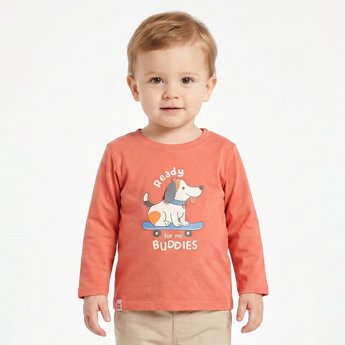 Baby Boys Coral Pink Cotton T-Shirt with Dog Graphic Print Casual Wear