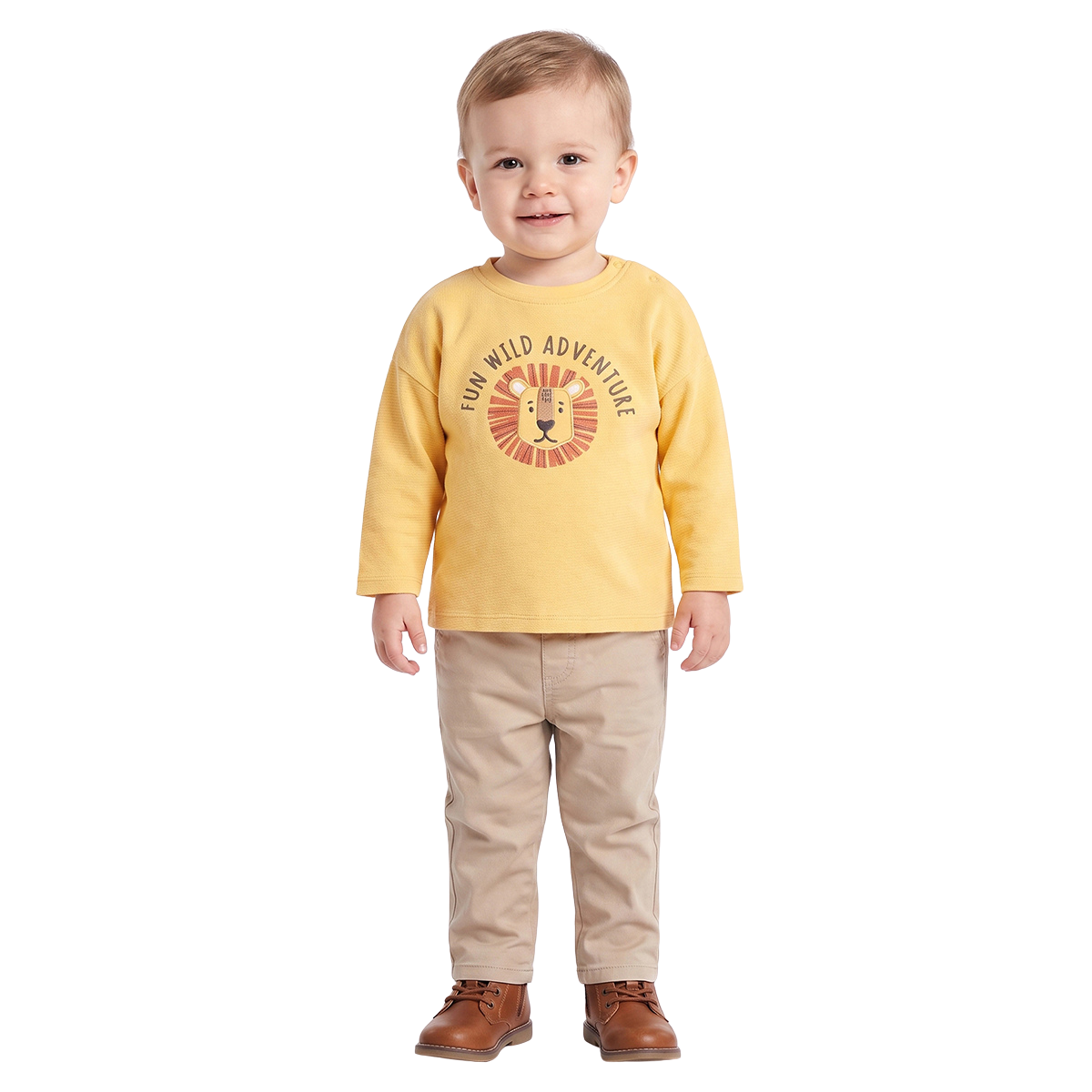 Baby Boys Yellow Cotton Lion Embroidered T Shirt Regular Fit