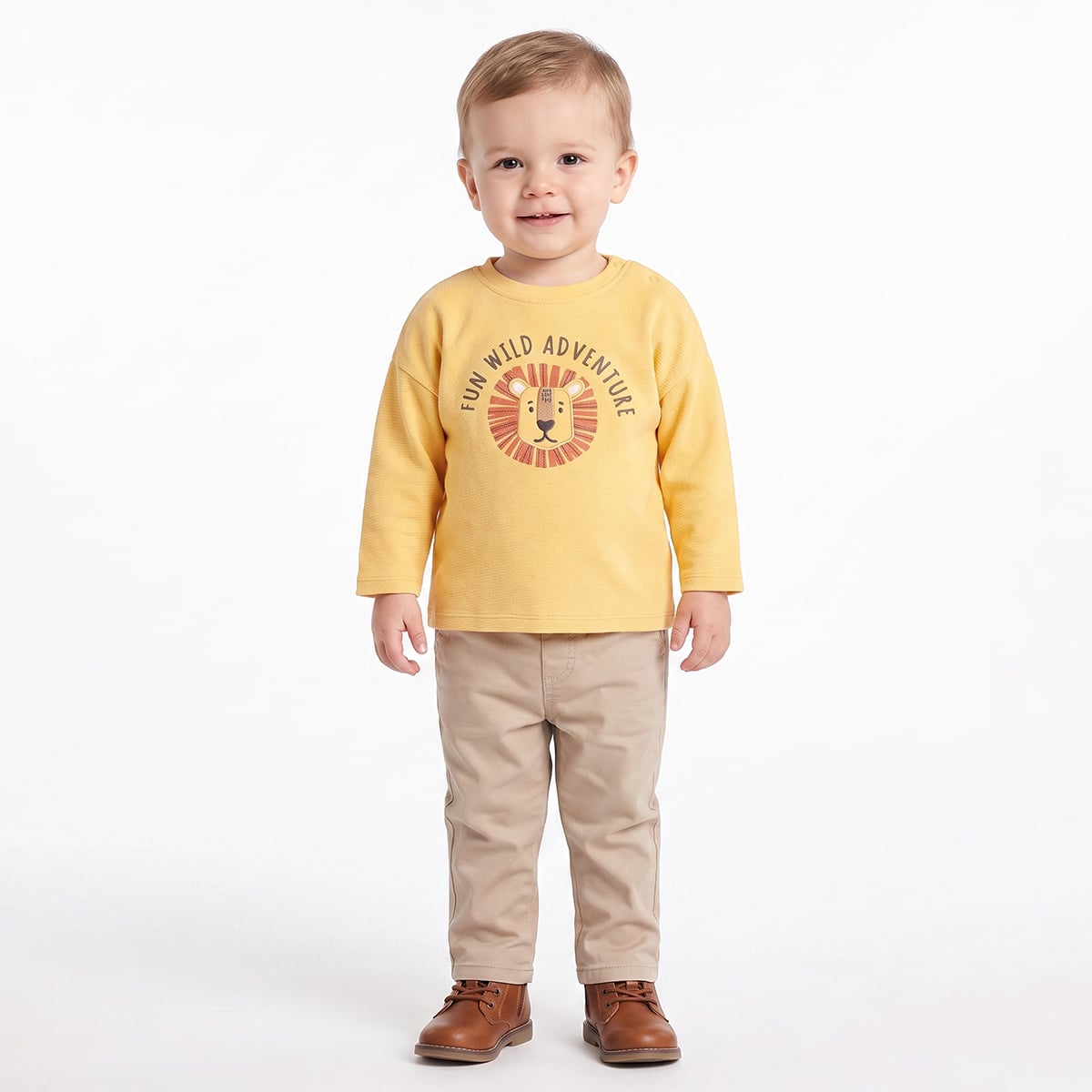 Baby Boys Yellow Cotton Lion Embroidered T-Shirt Regular Fit Casual Wear