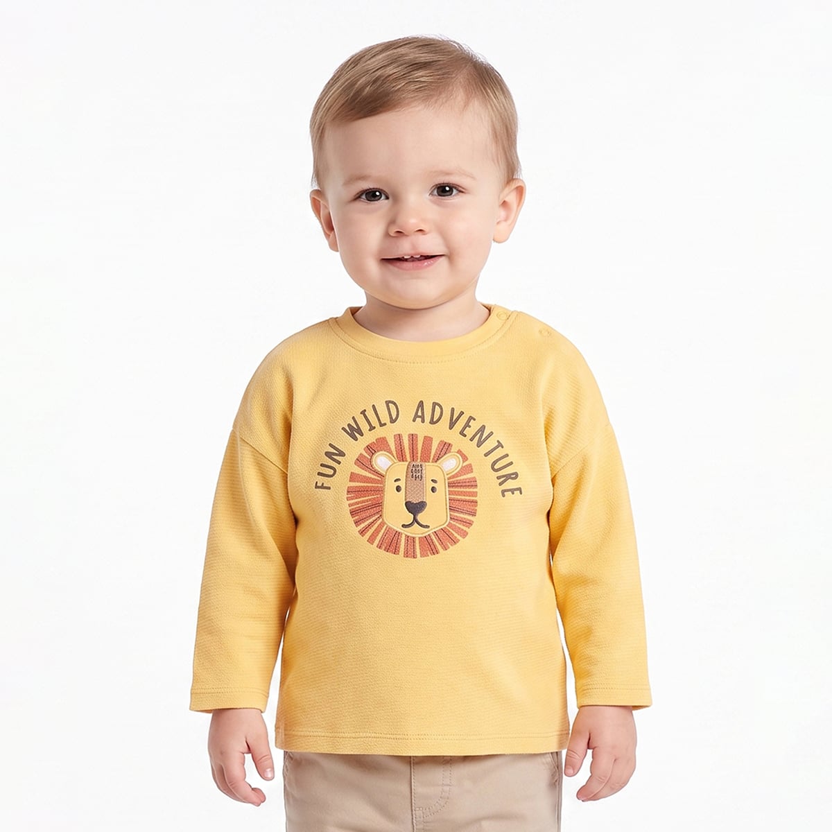 Baby Boys Yellow Cotton Lion Embroidered T-Shirt Regular Fit Casual Wear