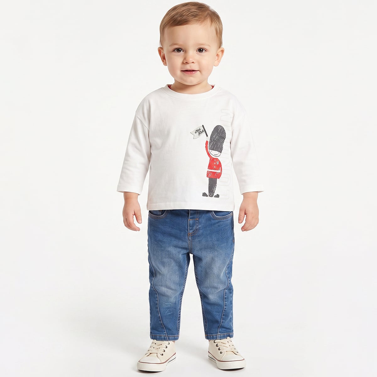 Baby Boys White Cotton London Guard Printed T-Shirt Regular Fit Casual Wear