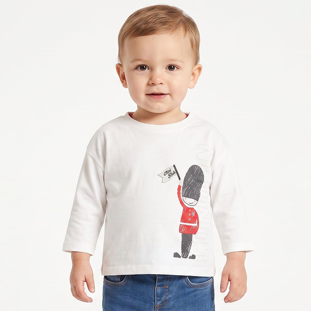 Baby Boys White Cotton London Guard Printed T-Shirt Regular Fit Casual Wear