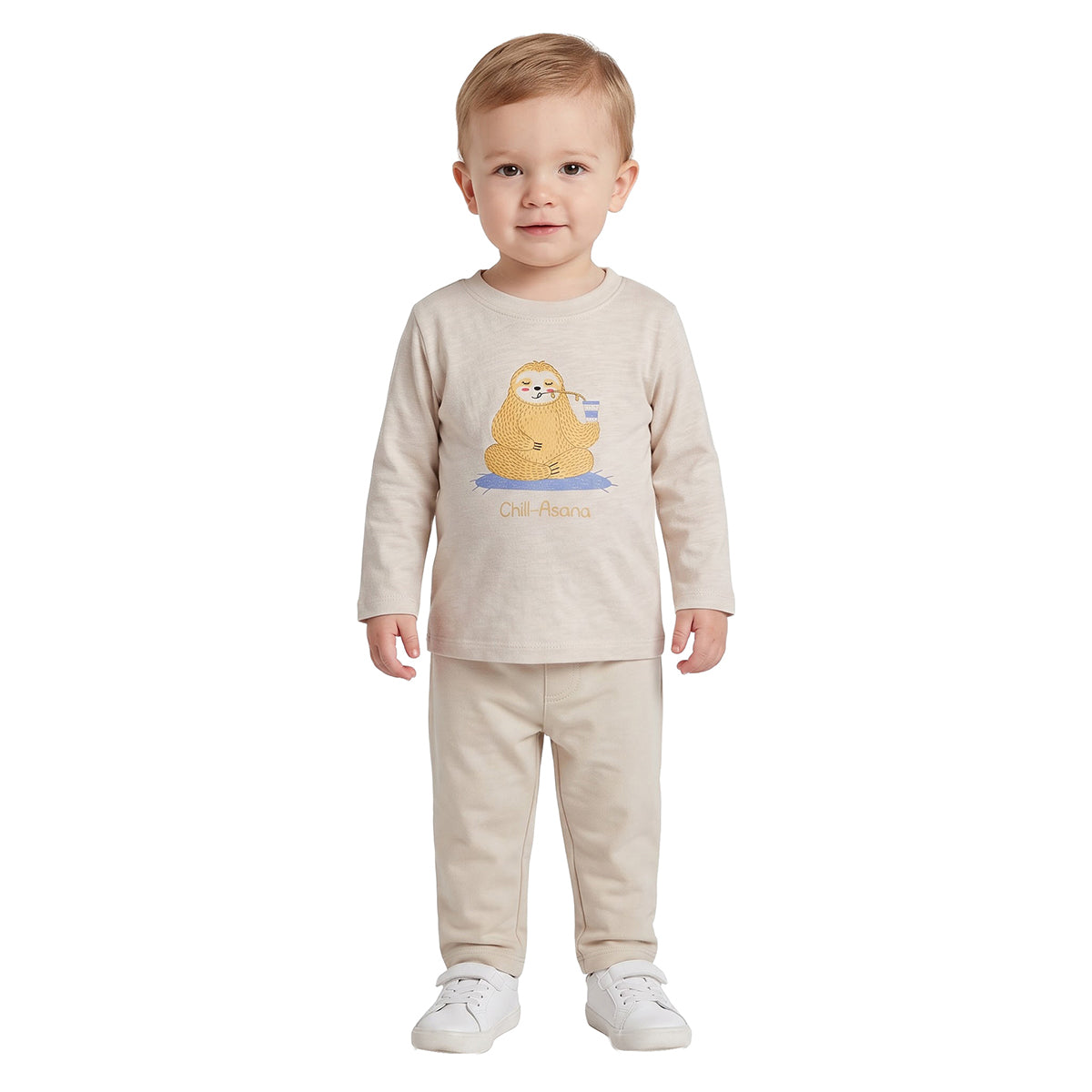 Baby Boys Cream Cotton Sloth Print T-Shirt Regular Fit Casual Wear