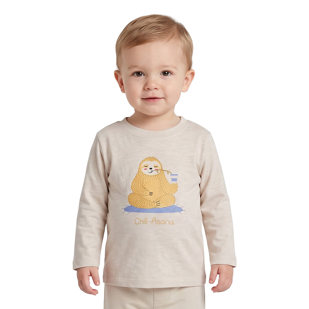 Baby Boys Cream Cotton Sloth Print T-Shirt Regular Fit Casual Wear