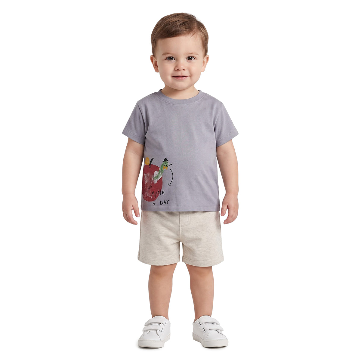 Baby Boys Grey Cotton Apple Print T-Shirt Regular Fit Casual Wear