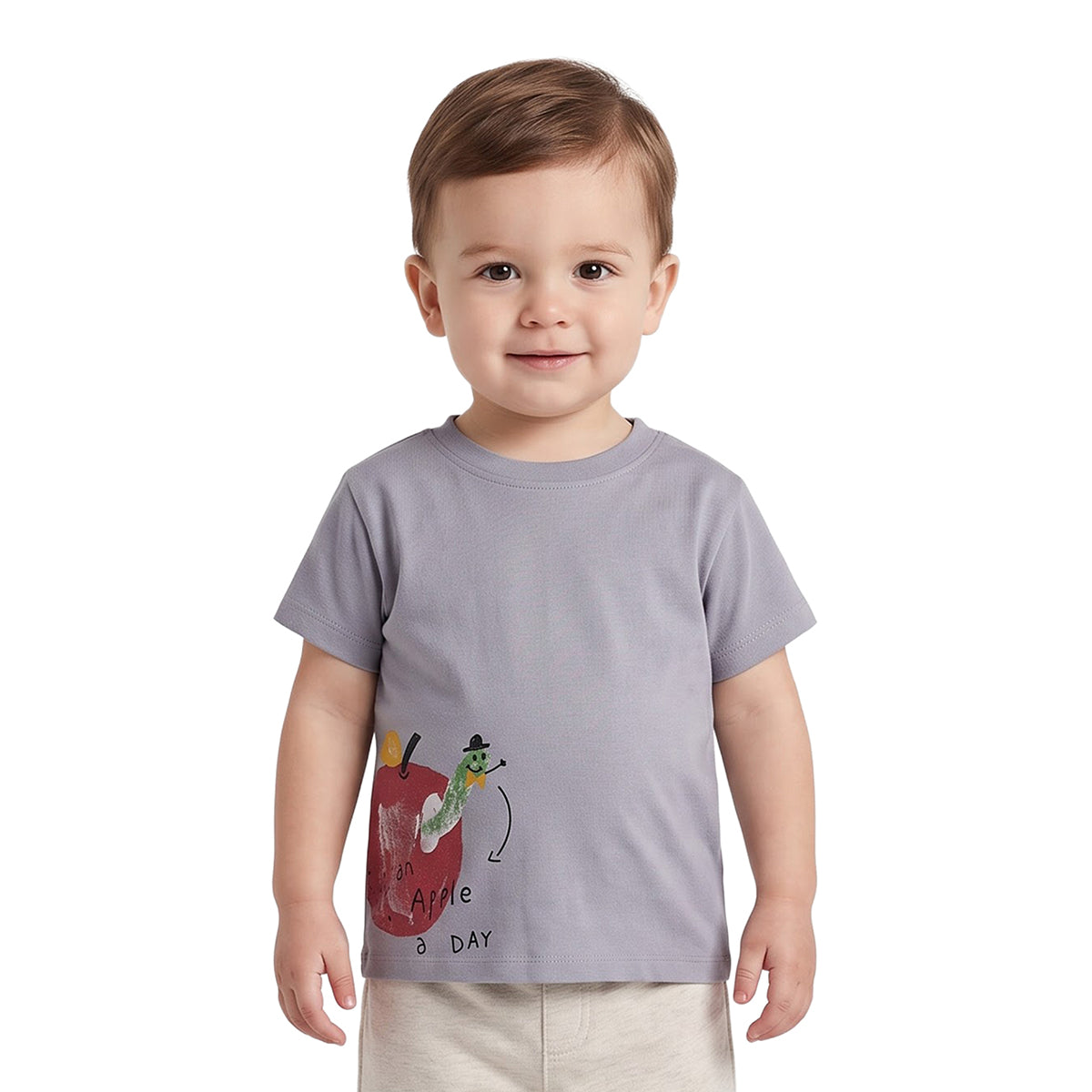 Baby Boys Grey Cotton Apple Print T-Shirt Regular Fit Casual Wear