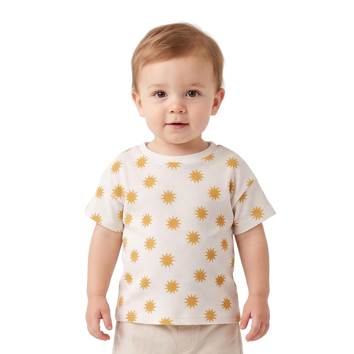 Baby Boys Cream Cotton Sun Print T-Shirt Regular Fit Casual Wear