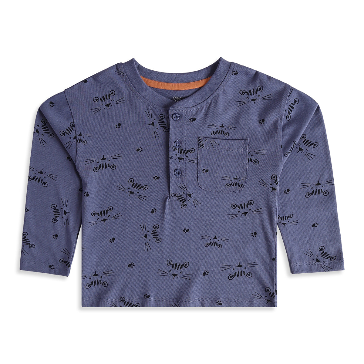Baby Boys Blue Cotton Cat Print Henley T-Shirt Regular Fit Casual Wear