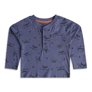 Baby Boys Blue Cotton Cat Print Henley T-Shirt Regular Fit Casual Wear
