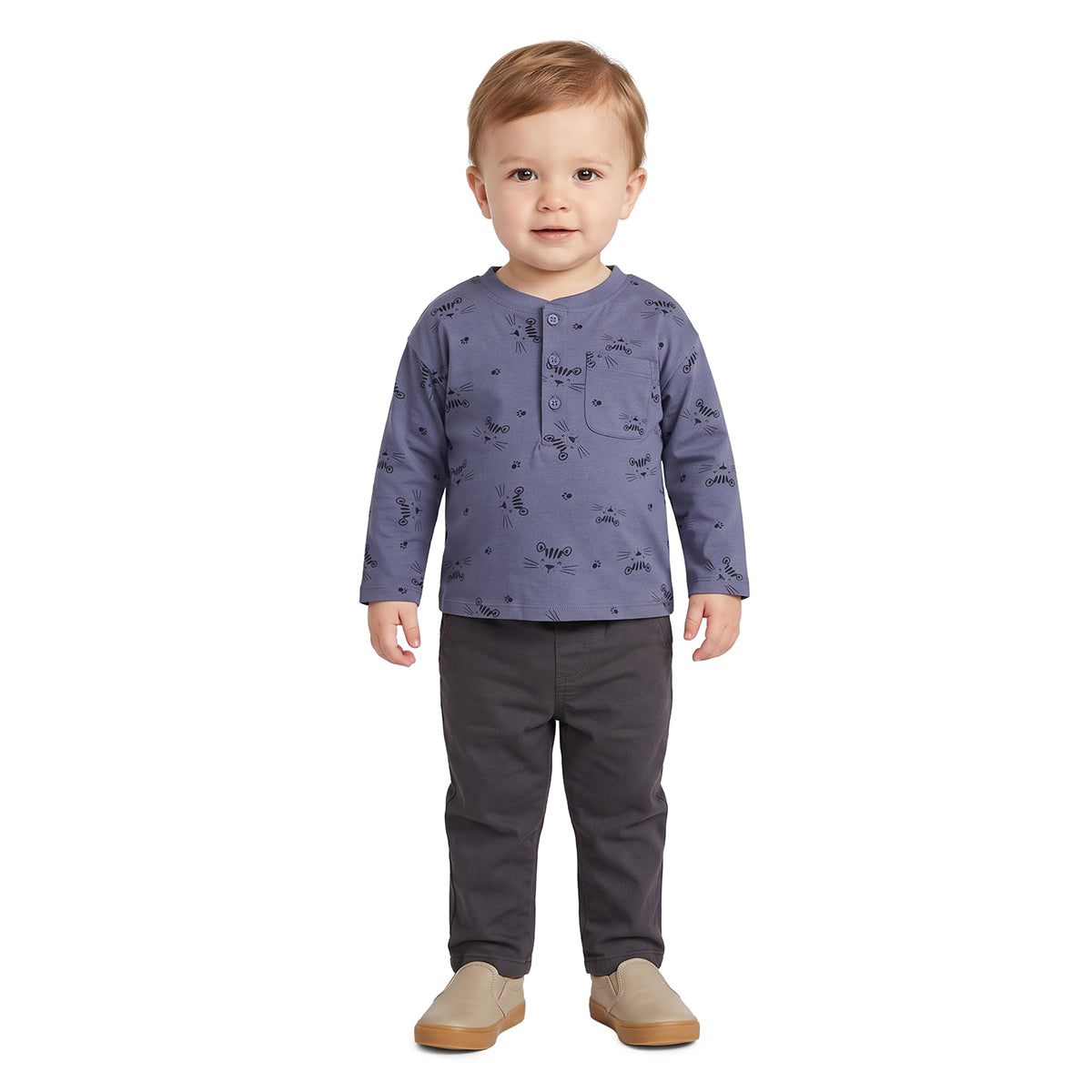 Baby Boys Blue Cotton Cat Print Henley T-Shirt Regular Fit Casual Wear