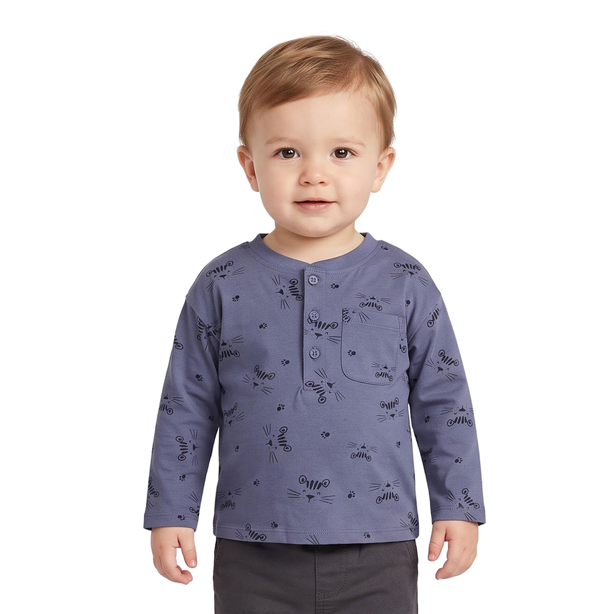 Baby Boys Blue Cotton Cat Print Henley T-Shirt Regular Fit Casual Wear