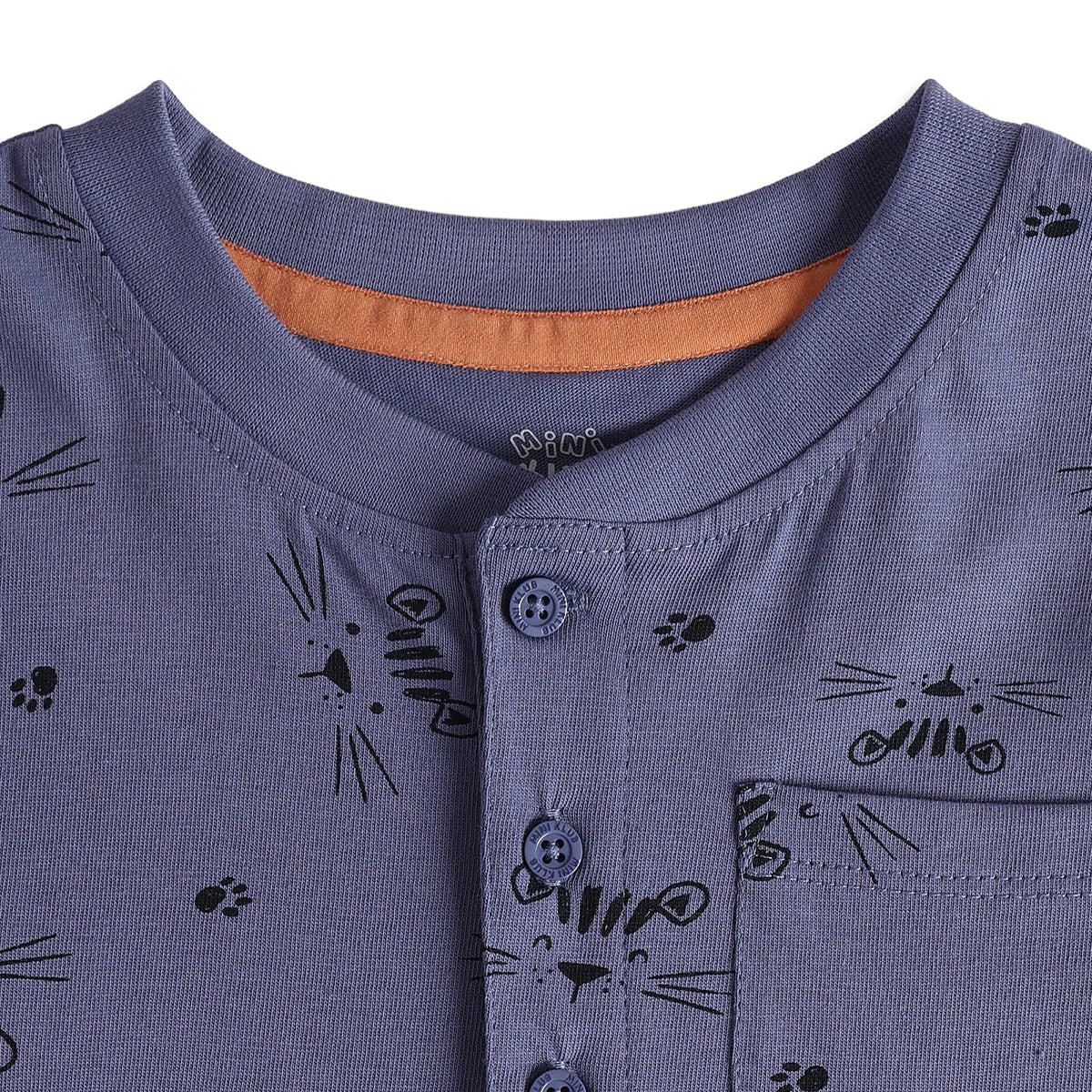 Baby Boys Blue Cotton Cat Print Henley T-Shirt Regular Fit Casual Wear