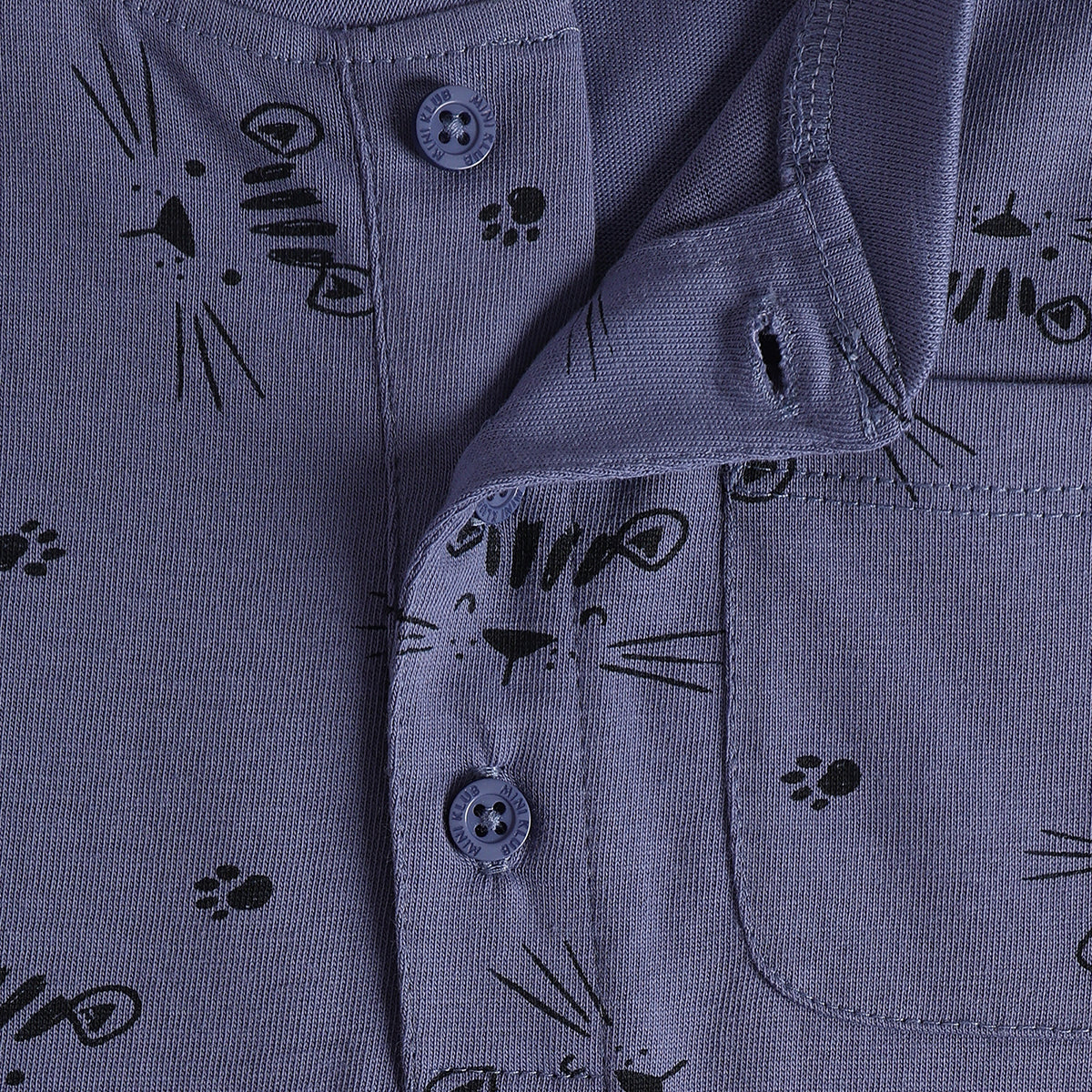 Baby Boys Blue Cotton Cat Print Henley T-Shirt Regular Fit Casual Wear