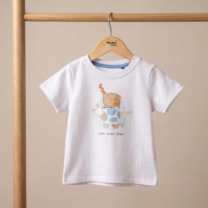 Baby Boys White Cotton Farm Animal Applique T-Shirt  Regular Fit Casual Wear