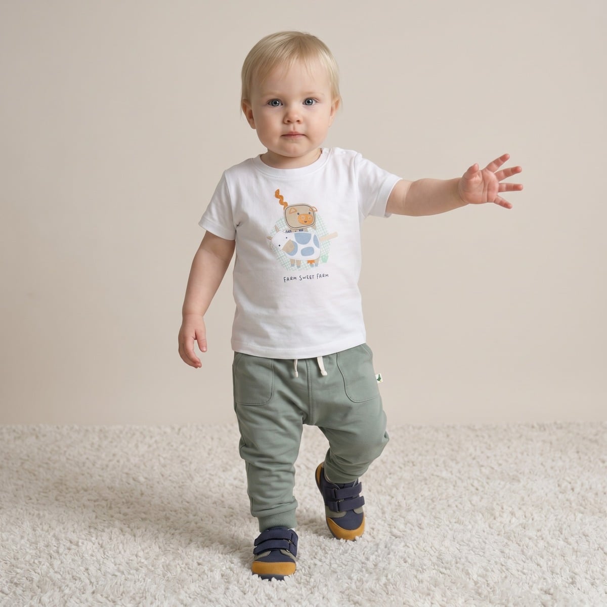 Baby Boys White Cotton Farm Animal Applique T-Shirt  Regular Fit Casual Wear