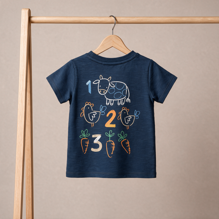 Baby Boys Navy Blue Cotton Number Embroidered And Farm Animal Graphic Printed T-Shirt Regular Fit Casual Wear