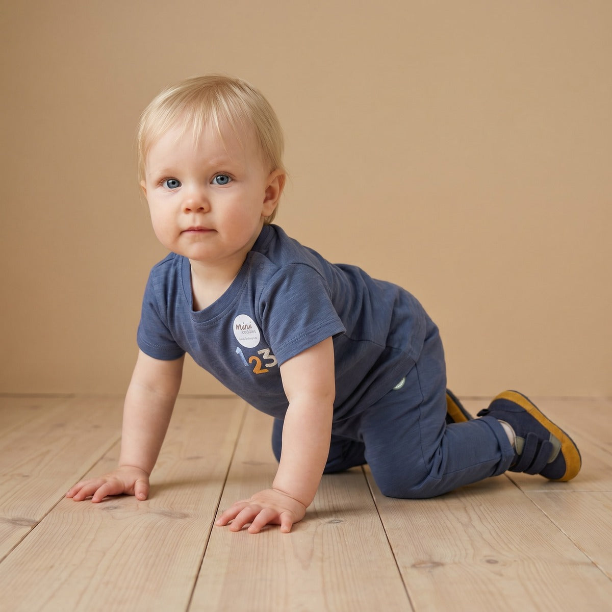 Baby Boys Navy Blue Cotton Number Embroidered And Farm Animal Graphic Printed T-Shirt Regular Fit Casual Wear