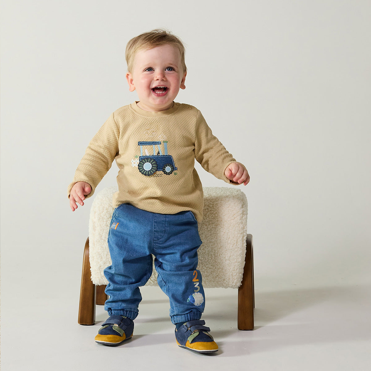 Baby Boys Beige Cotton Textured Tractor Applique T-Shirt  Regular Fit Full Sleeve Casual Wear
